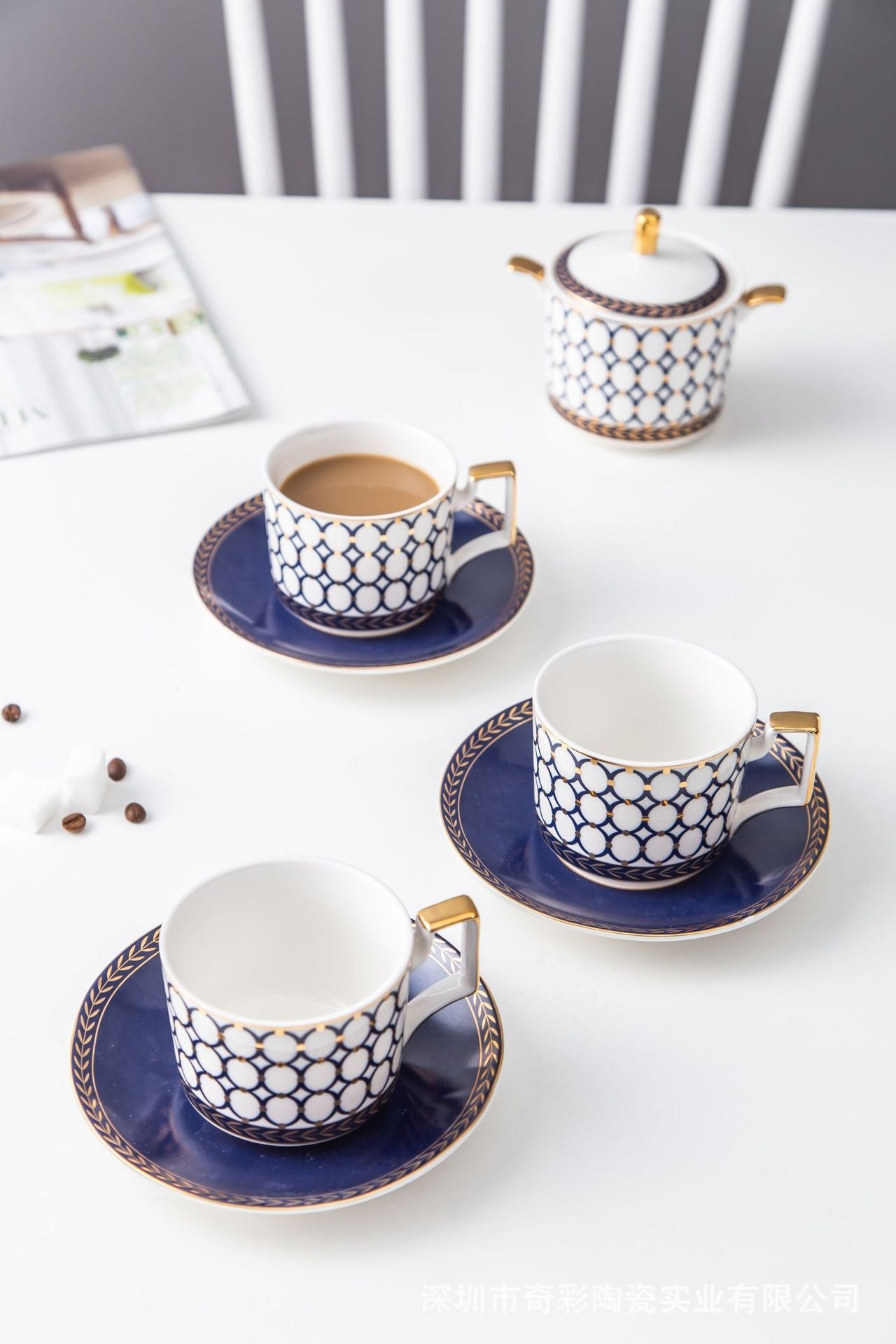 New Design Retro Blue Rings Bone China Tea & Coffee Set