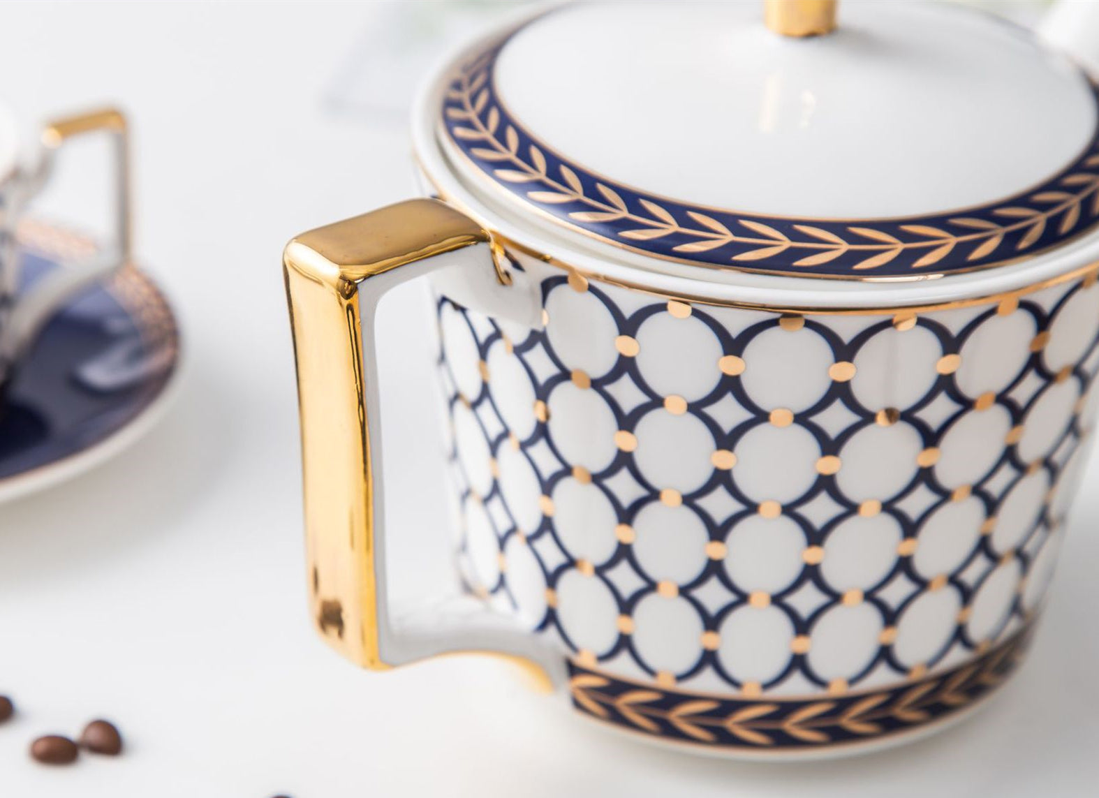 New Design Retro Blue Rings Bone China Tea & Coffee Set