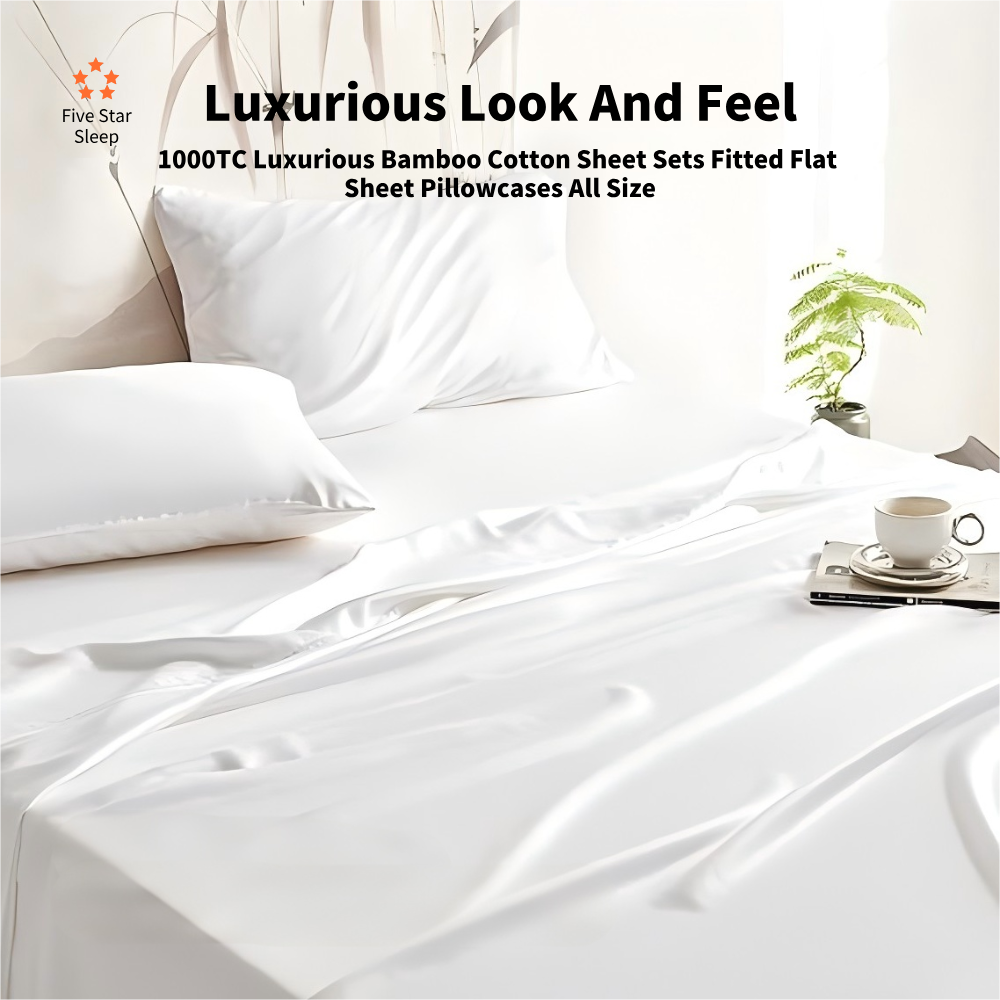 1000TC Luxurious Bamboo Cotton Sheet Sets Fitted Flat Sheet Pillowcases All Size