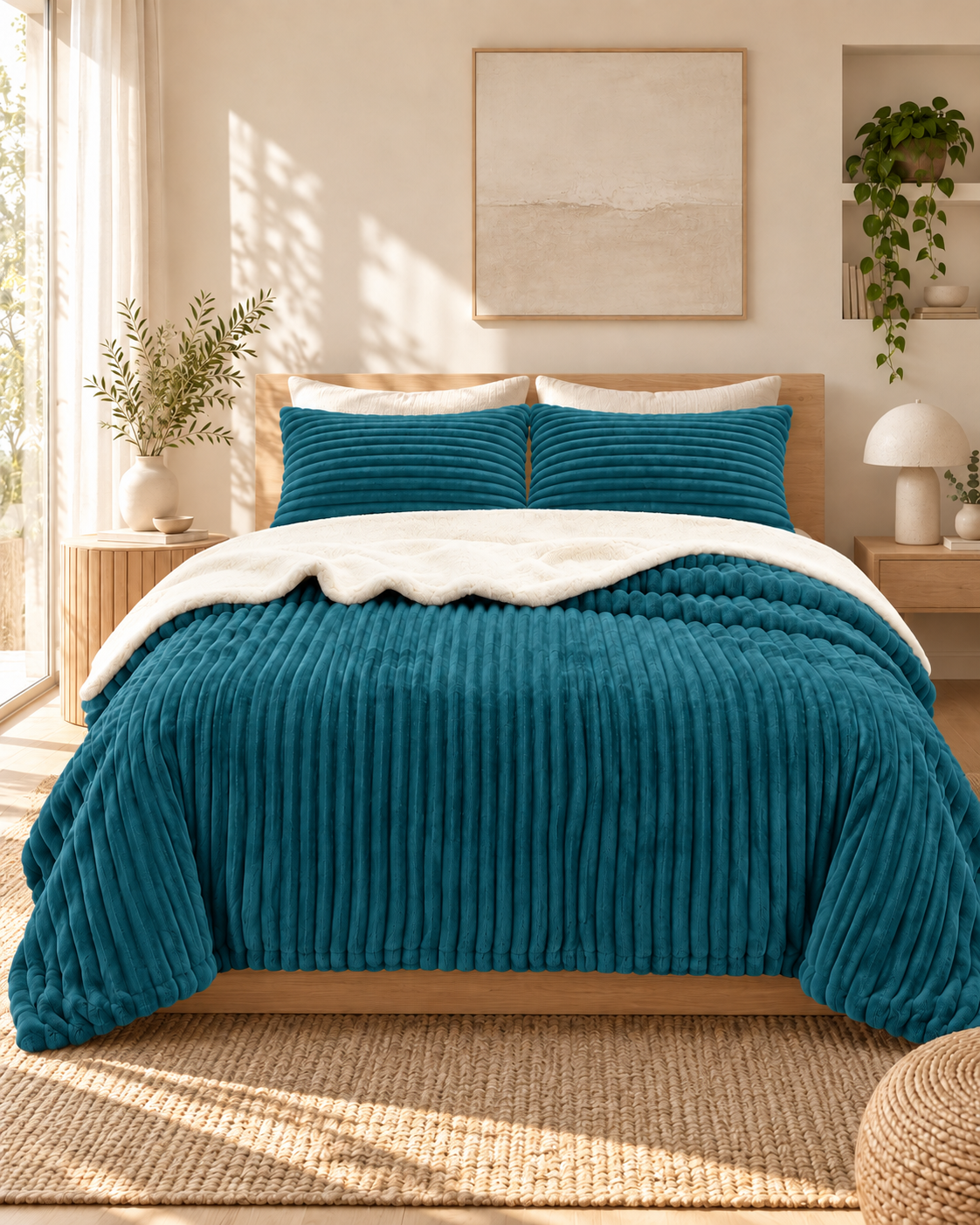 Stripe Flannel Sherpa Blanket/Comforter Set Teal
