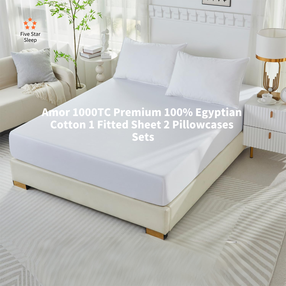 Amor 1000TC Premium 100% Egyptian Cotton 1 Fitted Sheet 2 Pillowcases Sets