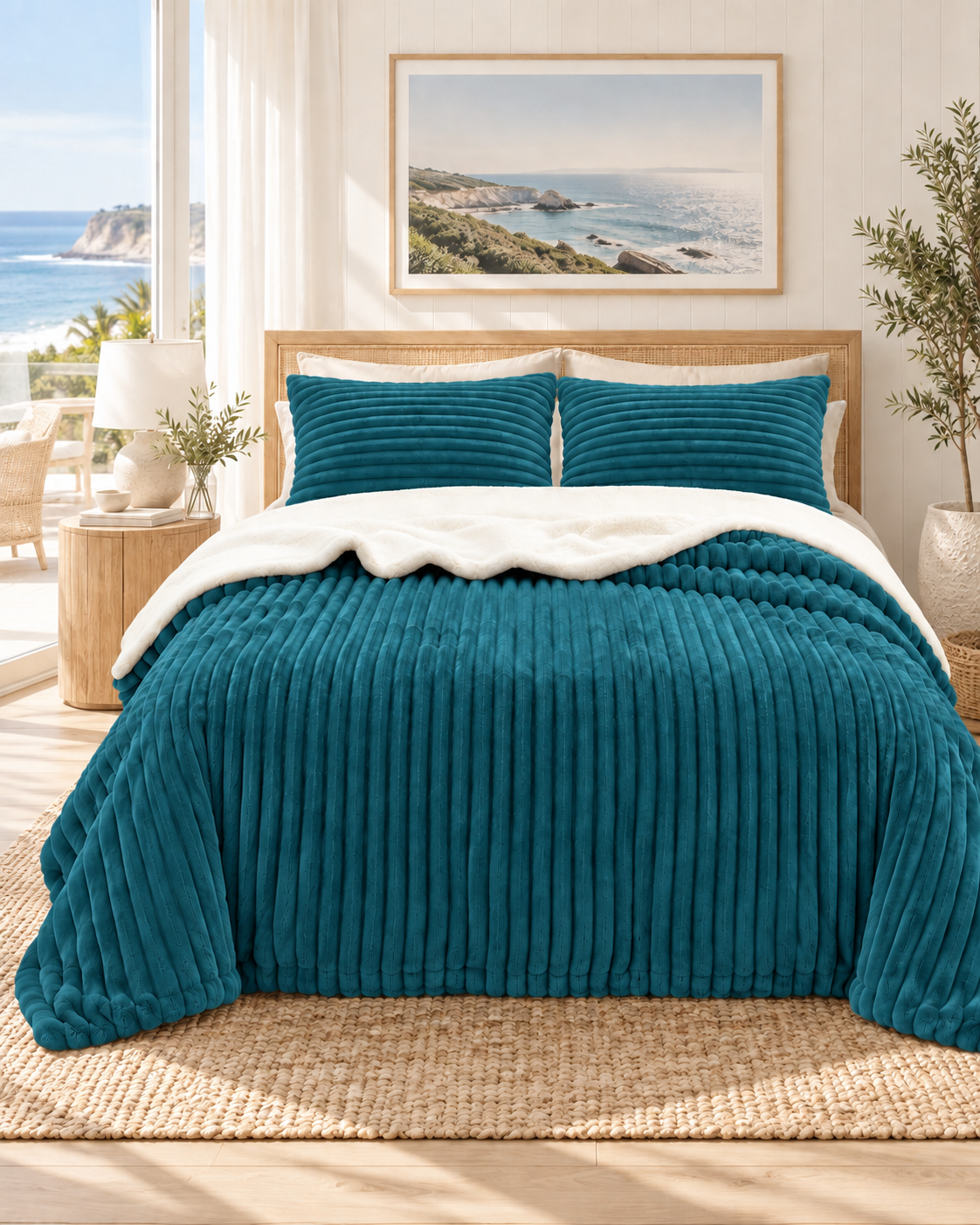 Stripe Flannel Sherpa Blanket/Comforter Set Teal