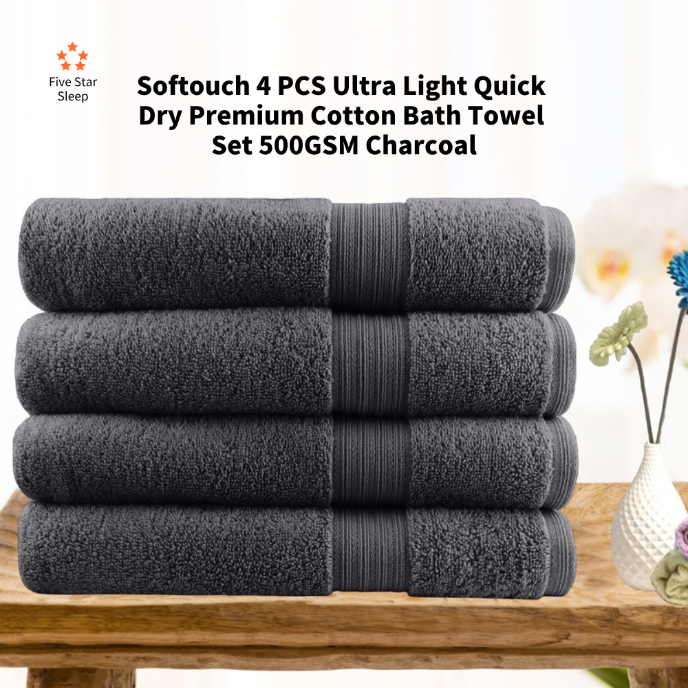 Softouch 4 PCS Ultra Light Quick Dry Premium Cotton Bath Towel Set 500GSM Charcoal