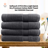 Softouch 4 PCS Ultra Light Quick Dry Premium Cotton Bath Towel Set 500GSM Charcoal