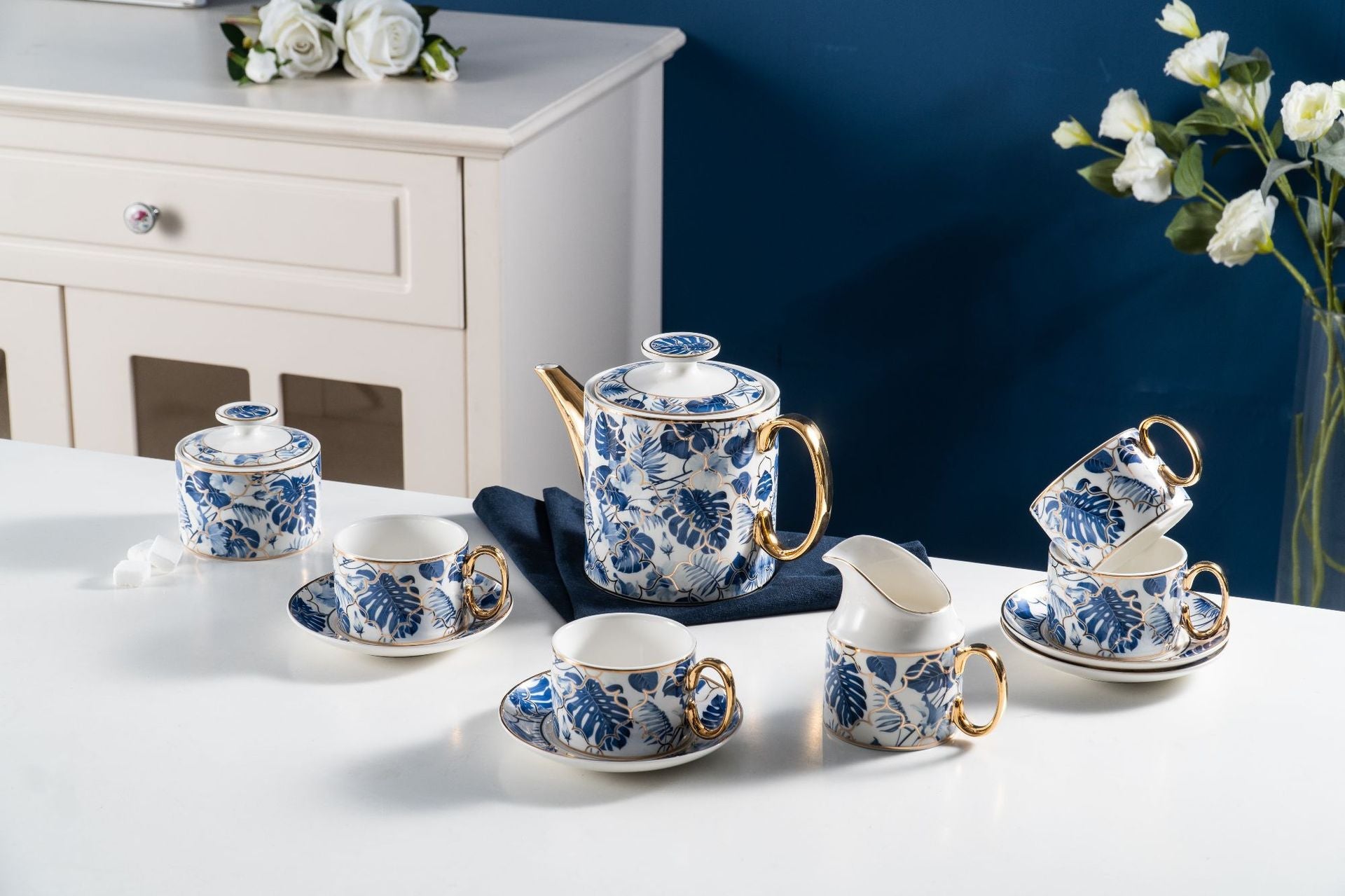 New Design Blue Leave Bone China Tea & Coffee Set