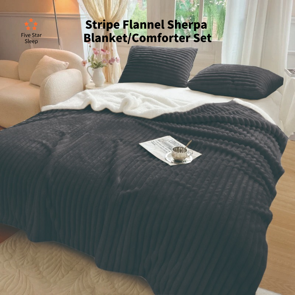 Stripe Flannel Sherpa Blanket/Comforter Set