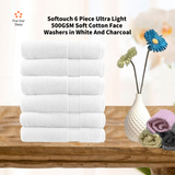 Softouch 6 Piece Ultra Light 500GSM Soft Cotton Face Washers in White