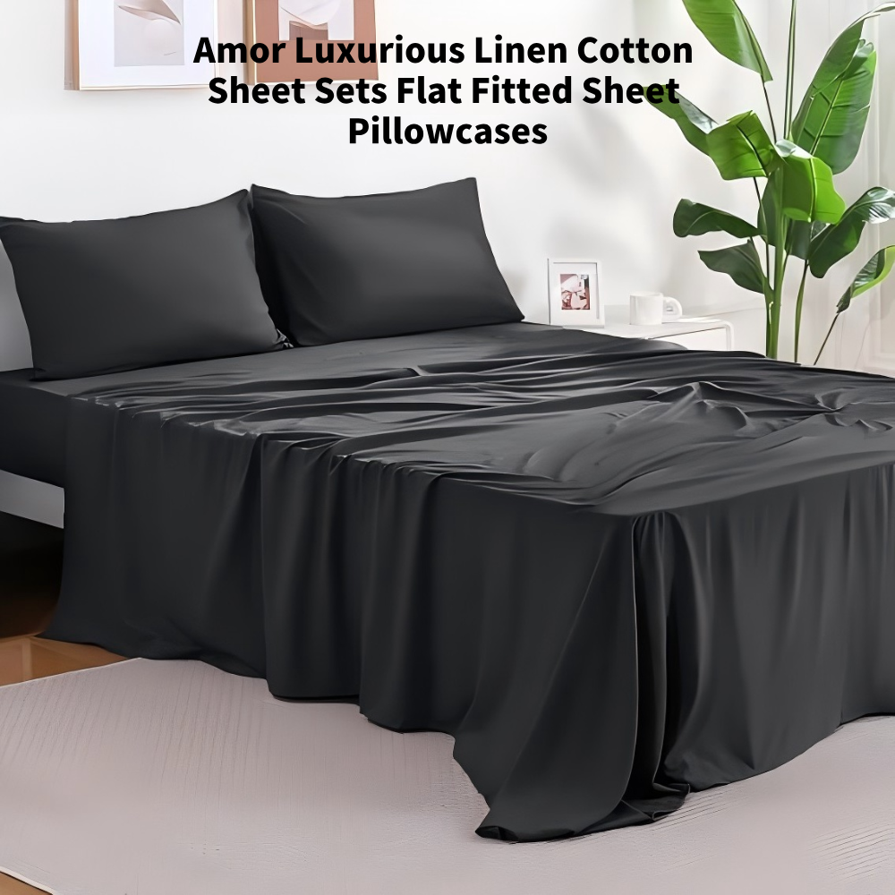Amor Luxurious Linen Cotton Sheet Sets Flat Fitted Sheet Pillowcases
