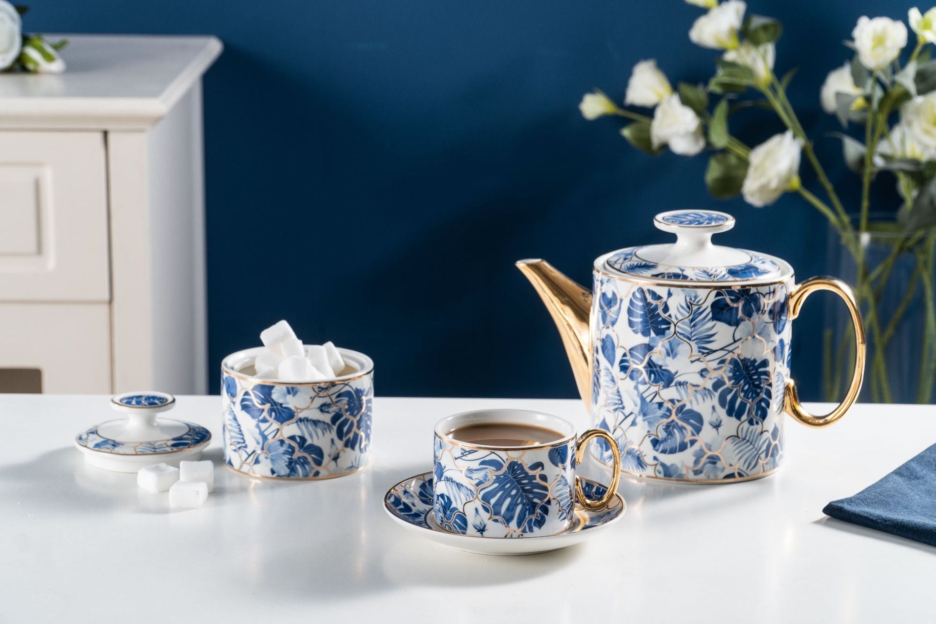 New Design Blue Leave Bone China Tea & Coffee Set