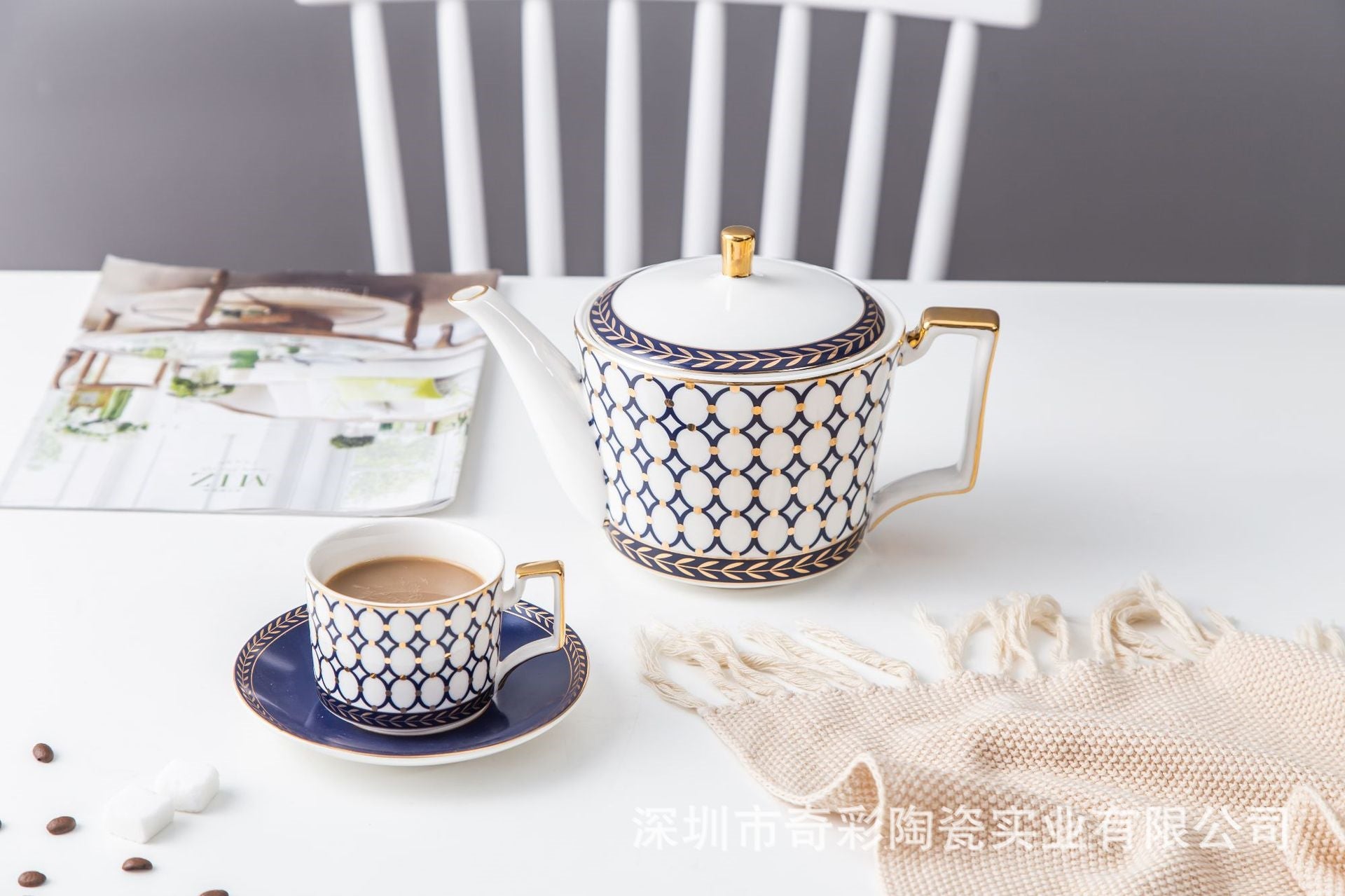 New Design Retro Blue Rings Bone China Tea & Coffee Set