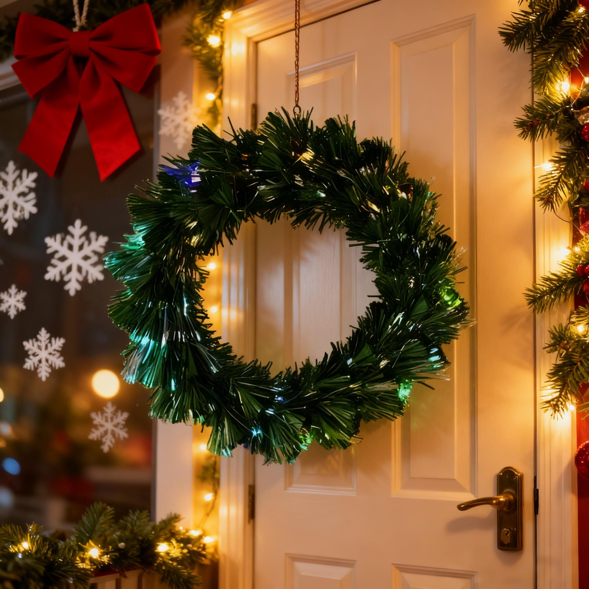 50cm Fibre Optic Christmas Wreath with LED Lights 8 Lighting Modes Battery USB Powered for Door Wall Decor