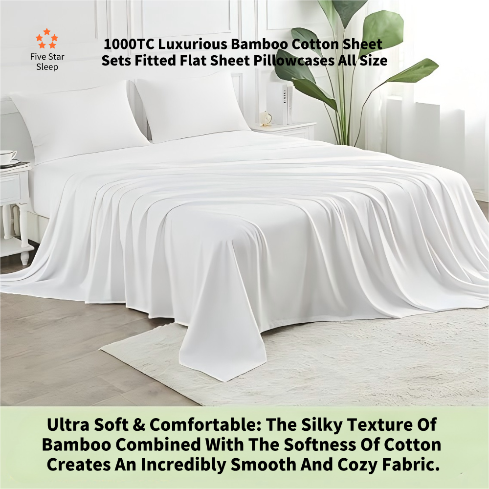 1000TC Luxurious Bamboo Cotton Sheet Sets Fitted Flat Sheet Pillowcases All Size