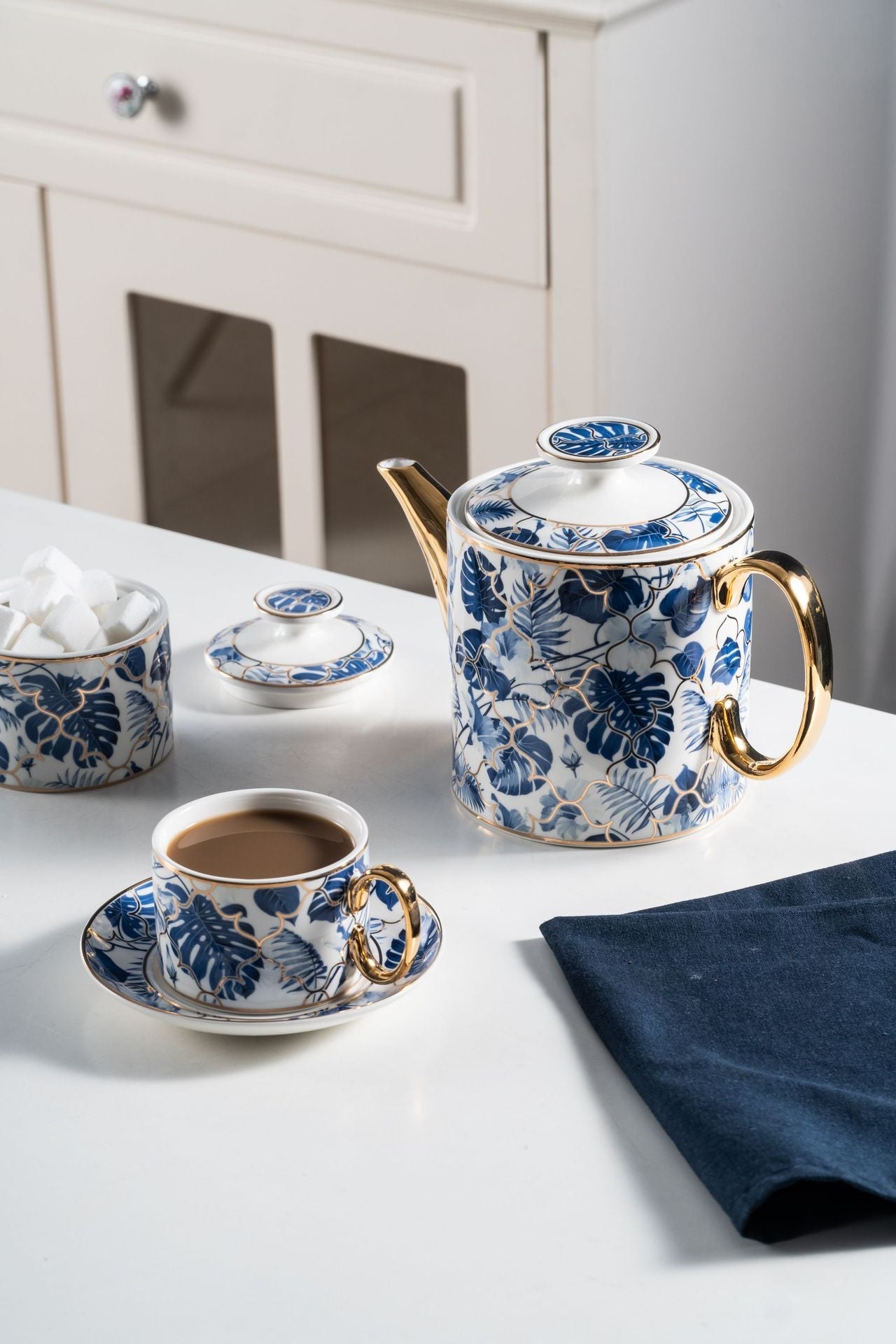 New Design Blue Leave Bone China Tea & Coffee Set