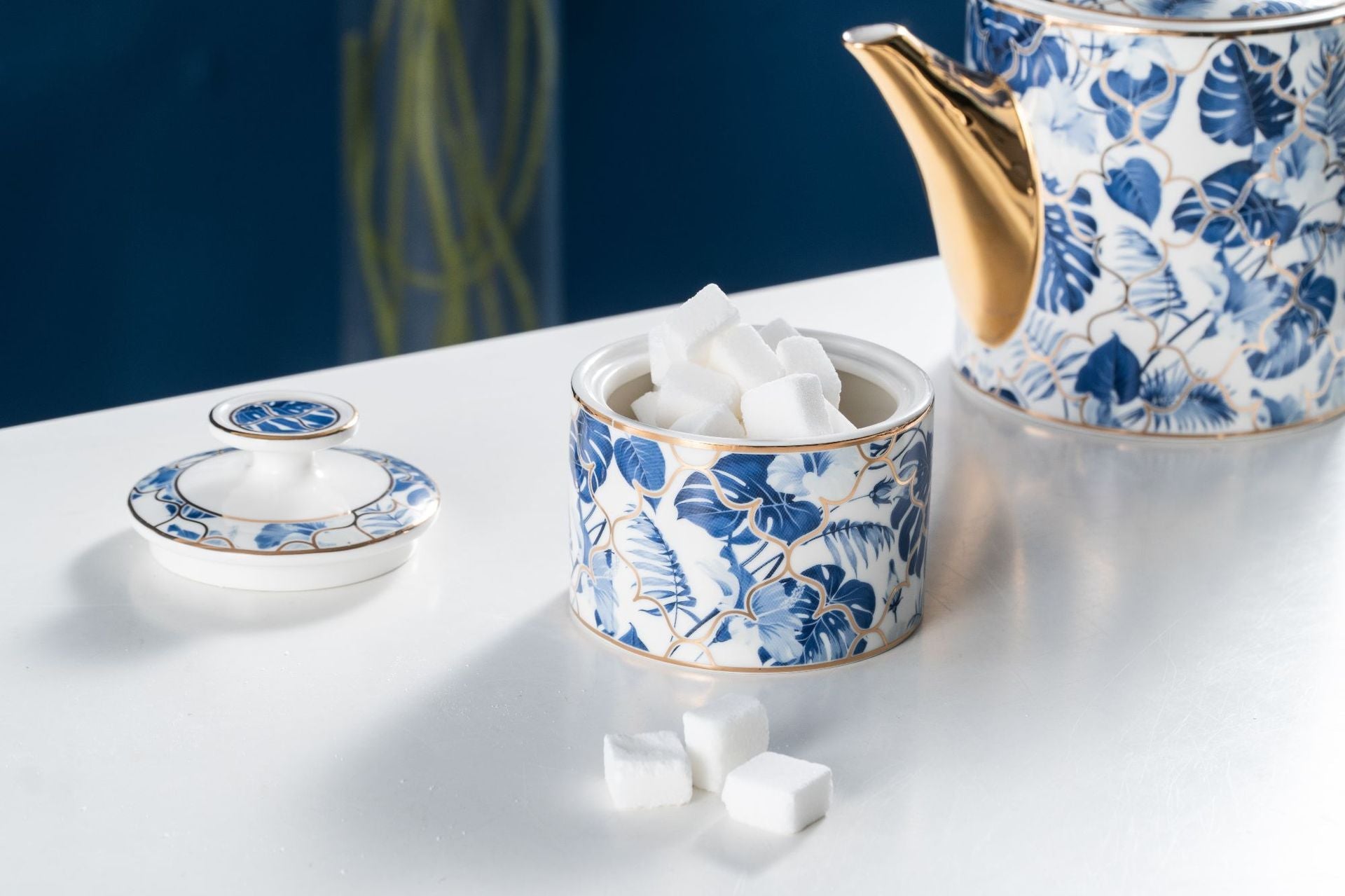 New Design Blue Leave Bone China Tea & Coffee Set