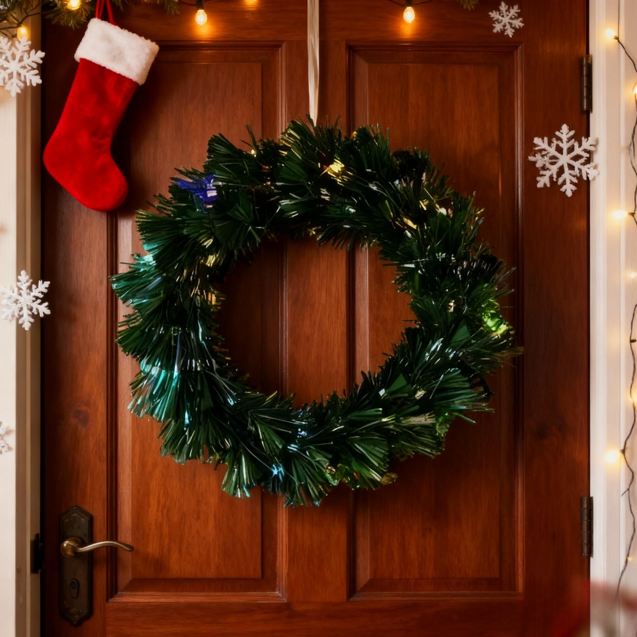 50cm Fibre Optic Christmas Wreath with LED Lights 8 Lighting Modes Battery USB Powered for Door Wall Decor