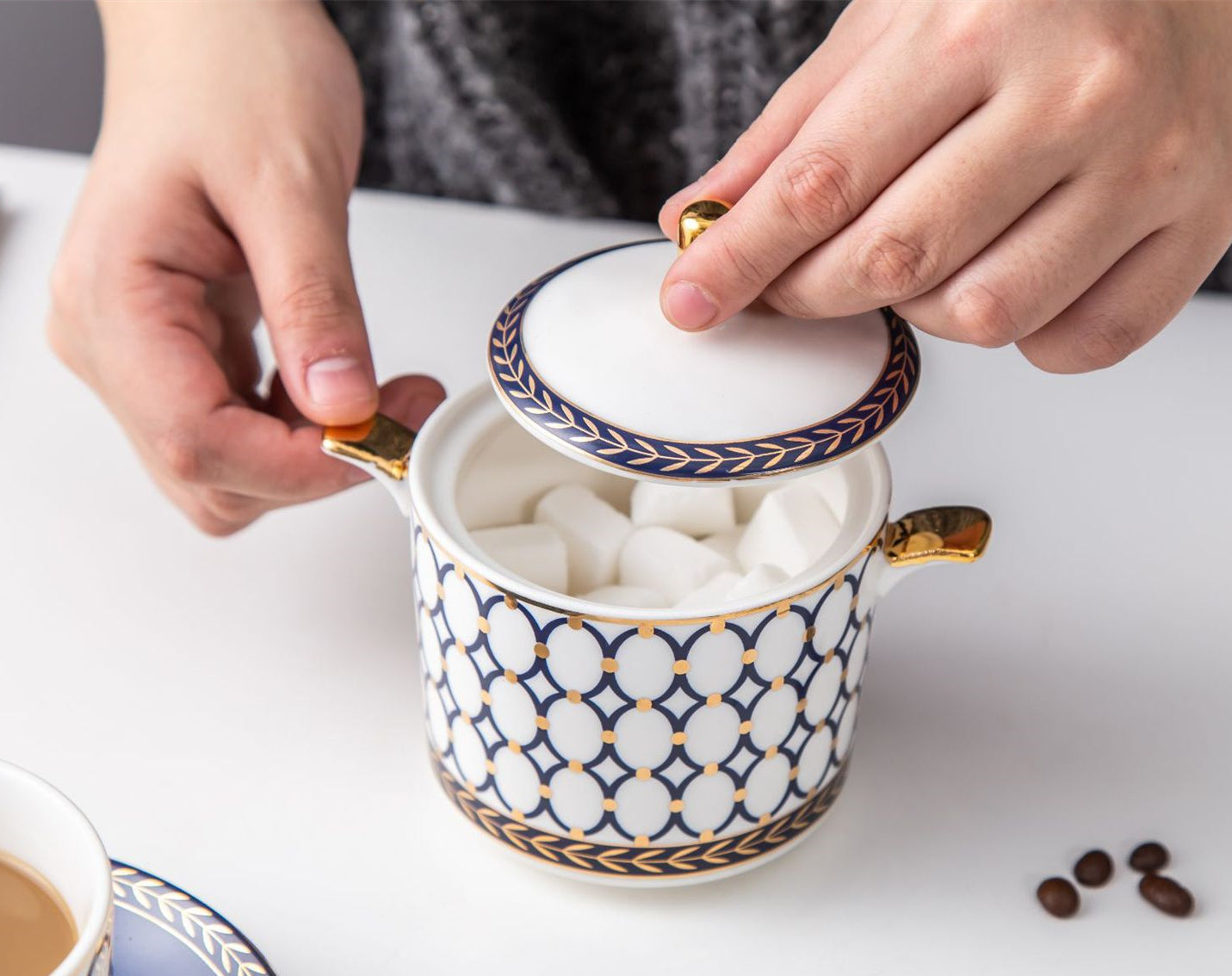 New Design Retro Blue Rings Bone China Tea & Coffee Set