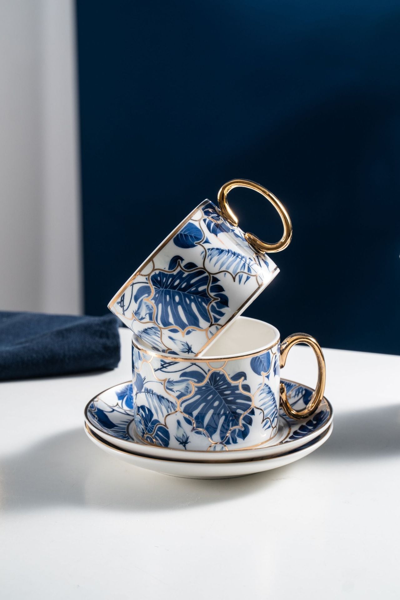 New Design Blue Leave Bone China Tea & Coffee Set