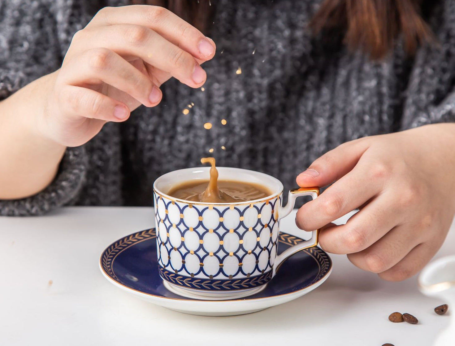 New Design Retro Blue Rings Bone China Tea & Coffee Set
