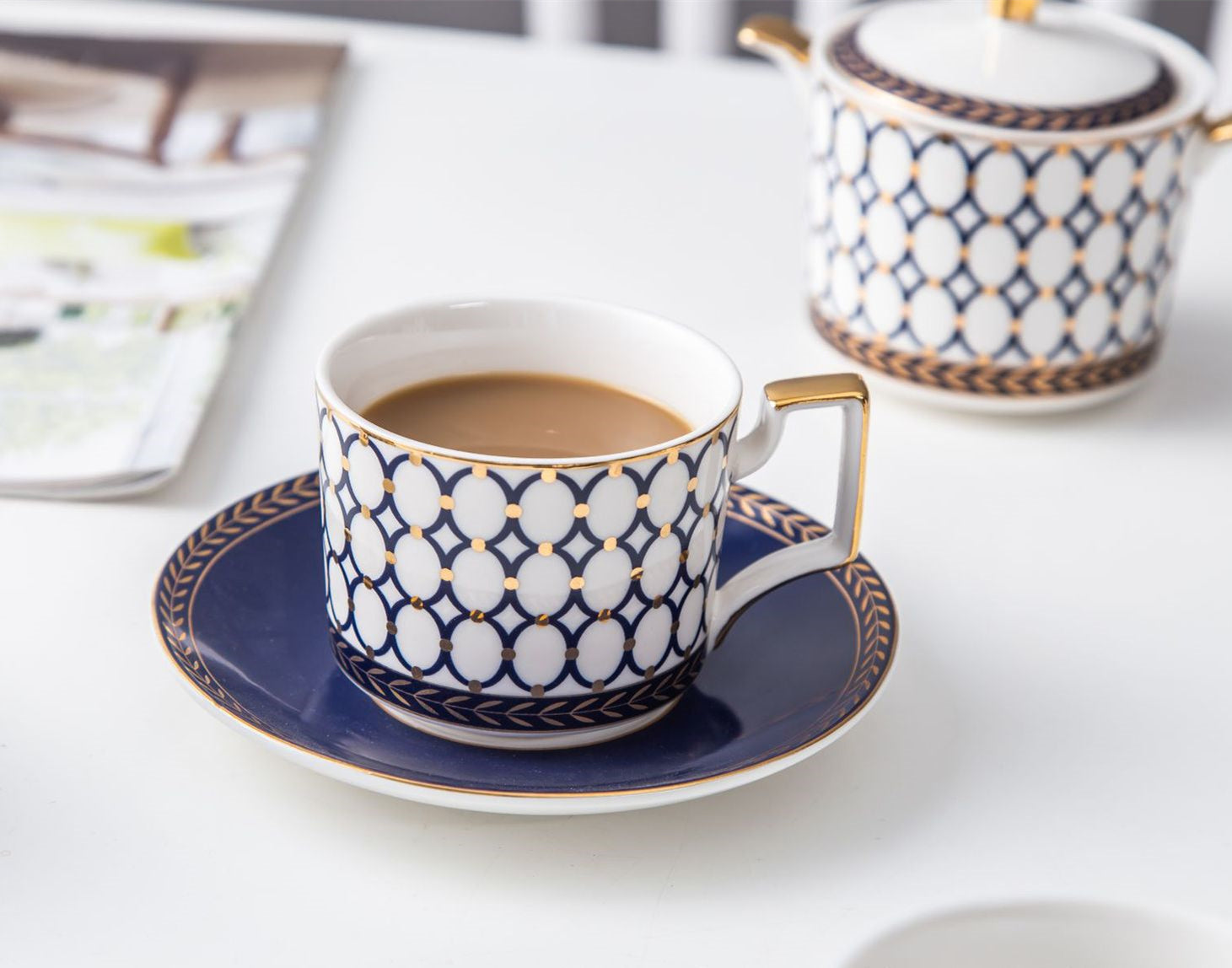 New Design Retro Blue Rings Bone China Tea & Coffee Set