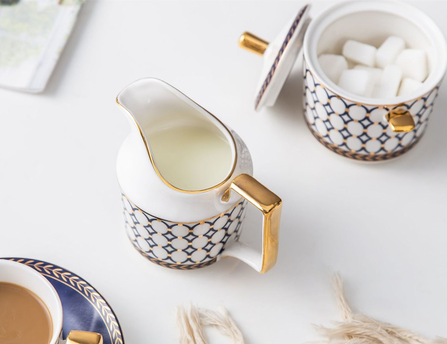 New Design Retro Blue Rings Bone China Tea & Coffee Set