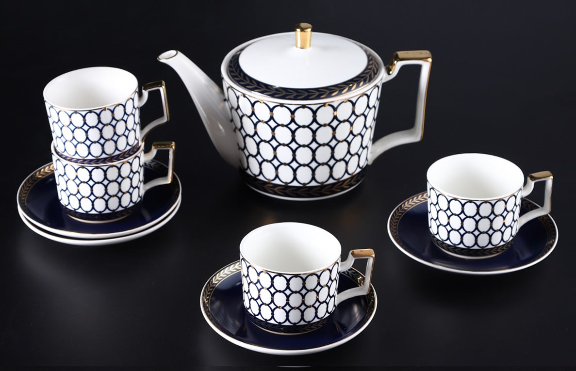 New Design Retro Blue Rings Bone China Tea & Coffee Set