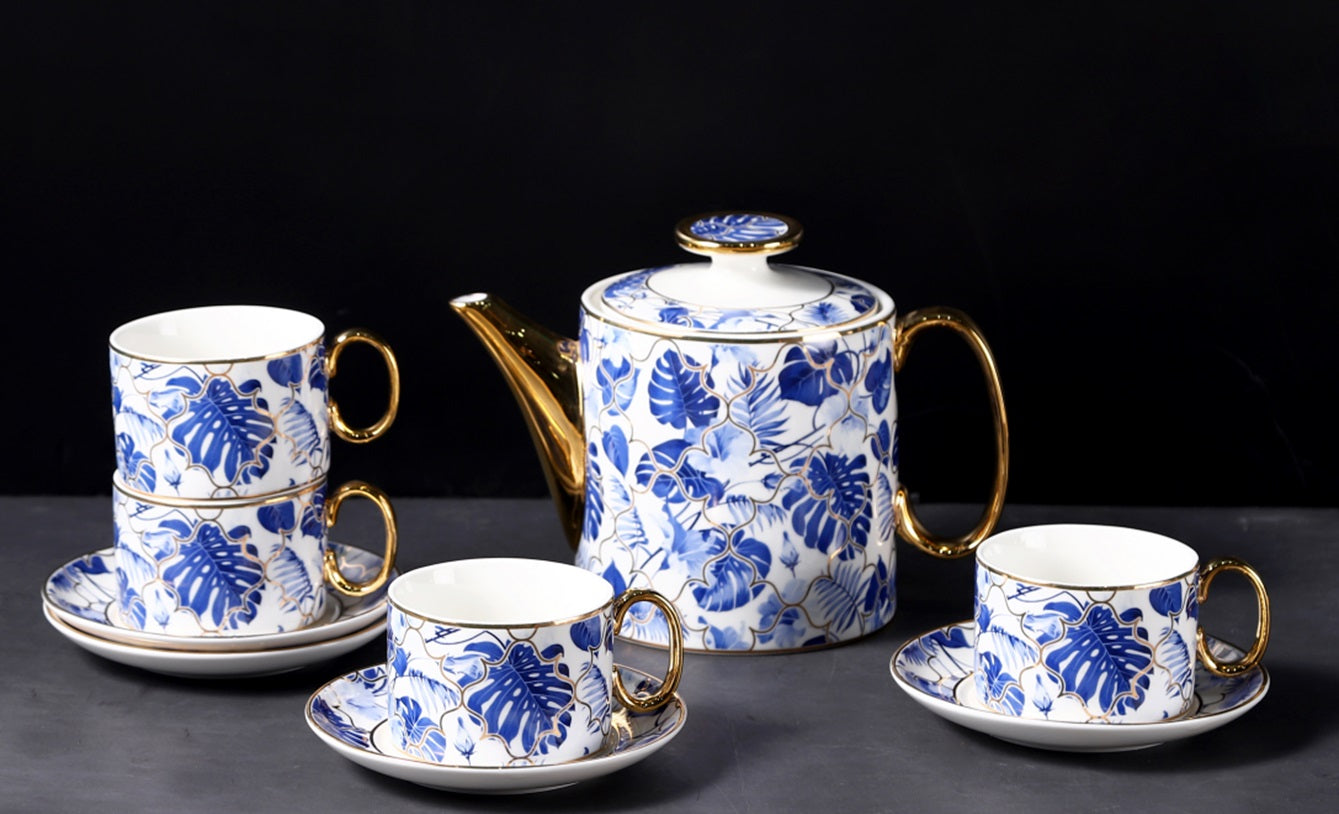 New Design Blue Leave Bone China Tea & Coffee Set