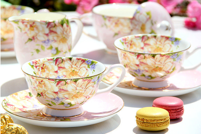 Popular Pink Flowers Bone China Tea & Coffee Set