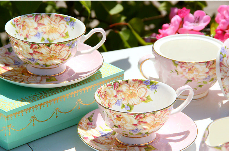 Popular Pink Flowers Bone China Tea & Coffee Set