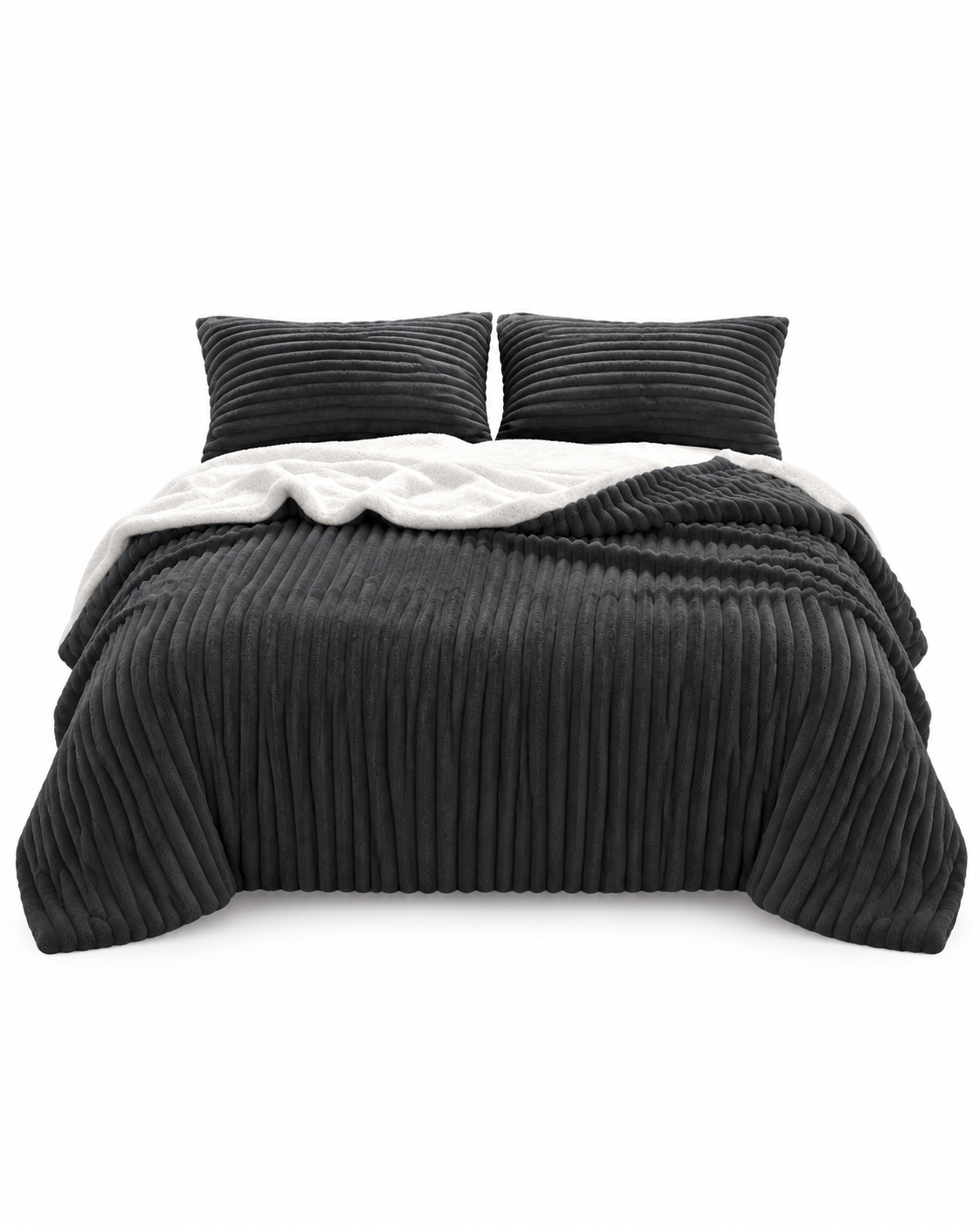 Stripe Flannel Sherpa Blanket/Comforter Set Charcoal