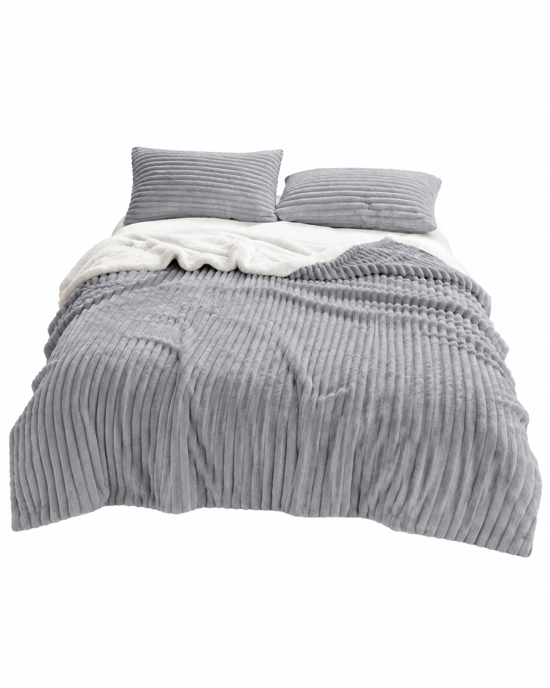 Stripe Flannel Sherpa Blanket/Comforter Set Silver