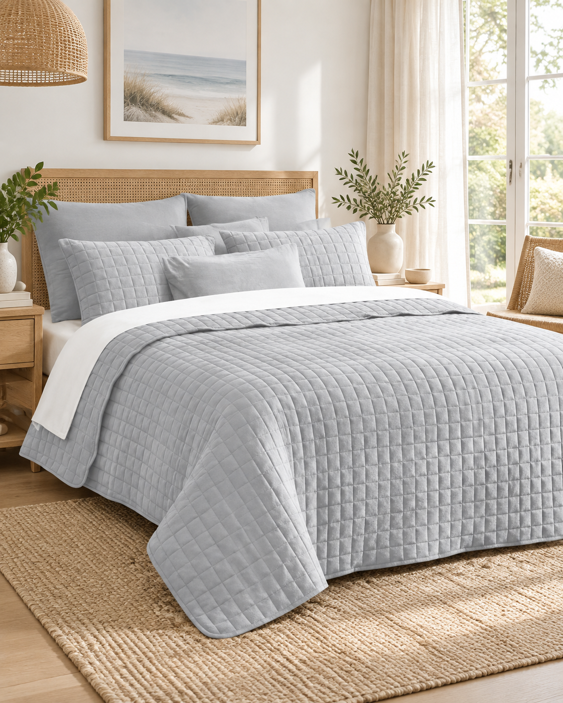 7 Piece Vintage Stone Wash Comforter/Bedspread/Coverlet Set Silver