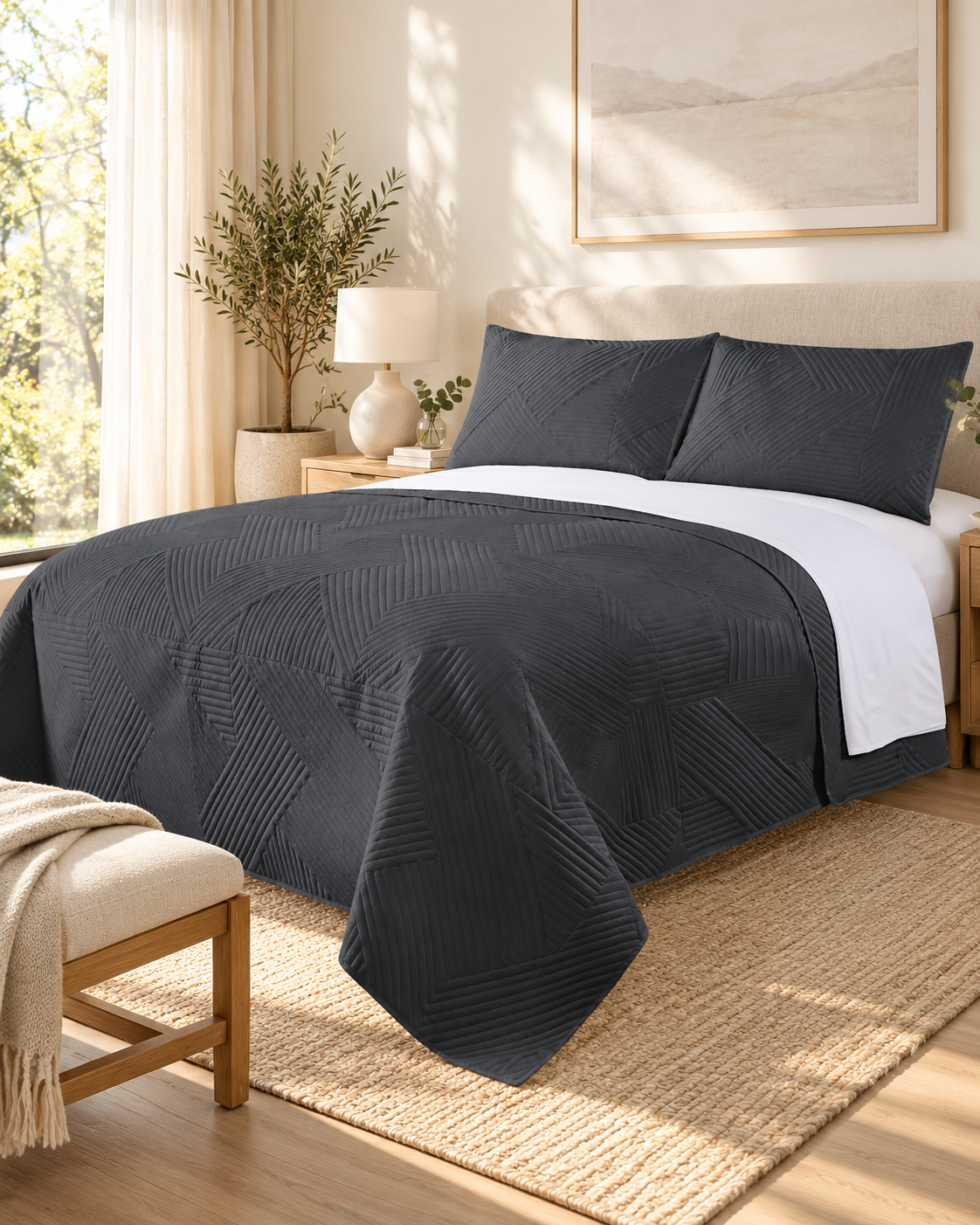 Home Fashion Geometry 3 PCS Soft Premium Bed Embossed Coverlet Charcoal