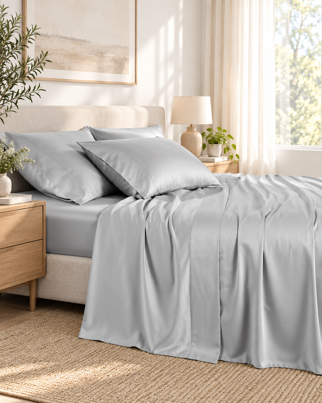 1000TC Luxurious Bamboo Cotton Sheet Sets Fitted Flat Sheet Pillowcases All Size Silver