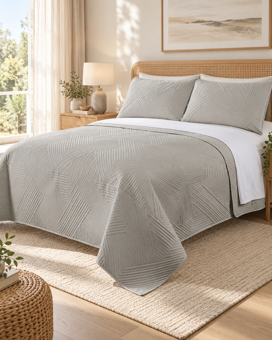 Home Fashion Geometry 3 PCS Soft Premium Bed Embossed Coverlet Silver
