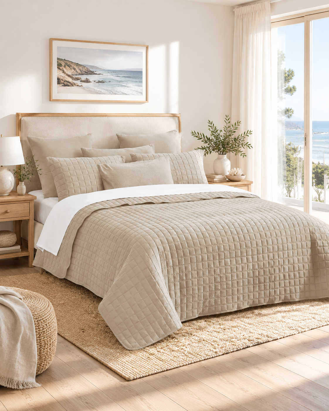 7 Piece Vintage Stone Wash Comforter/Bedspread/Coverlet Set Natural