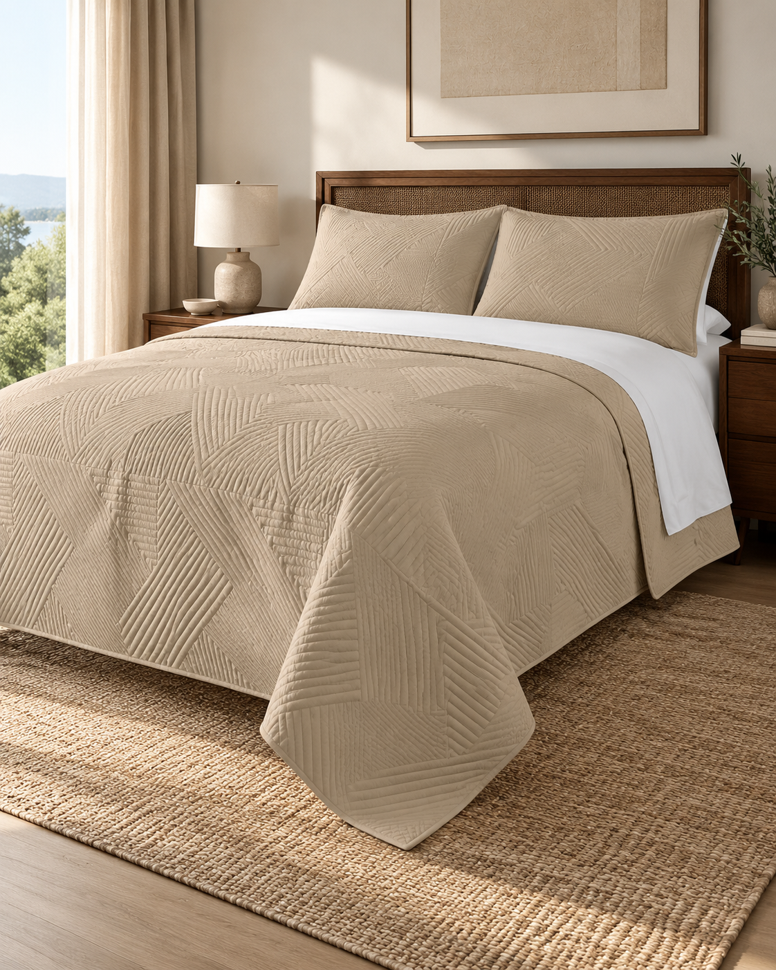 Home Fashion Geometry 3 PCS Soft Premium Bed Embossed Coverlet Natural