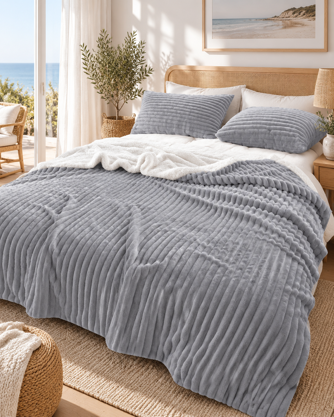 Stripe Flannel Sherpa Blanket/Comforter Set Silver