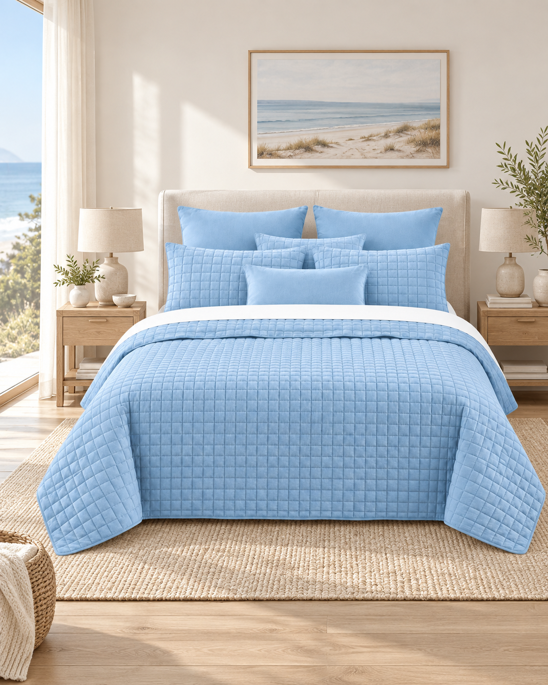7 Piece Vintage Stone Wash Comforter/Bedspread/Coverlet Set Blue