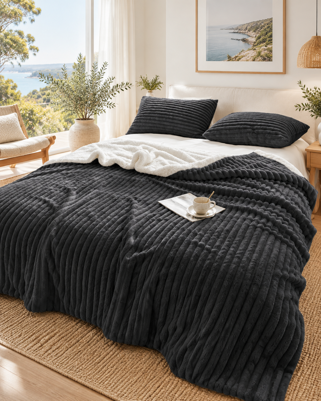 Stripe Flannel Sherpa Blanket/Comforter Set Charcoal
