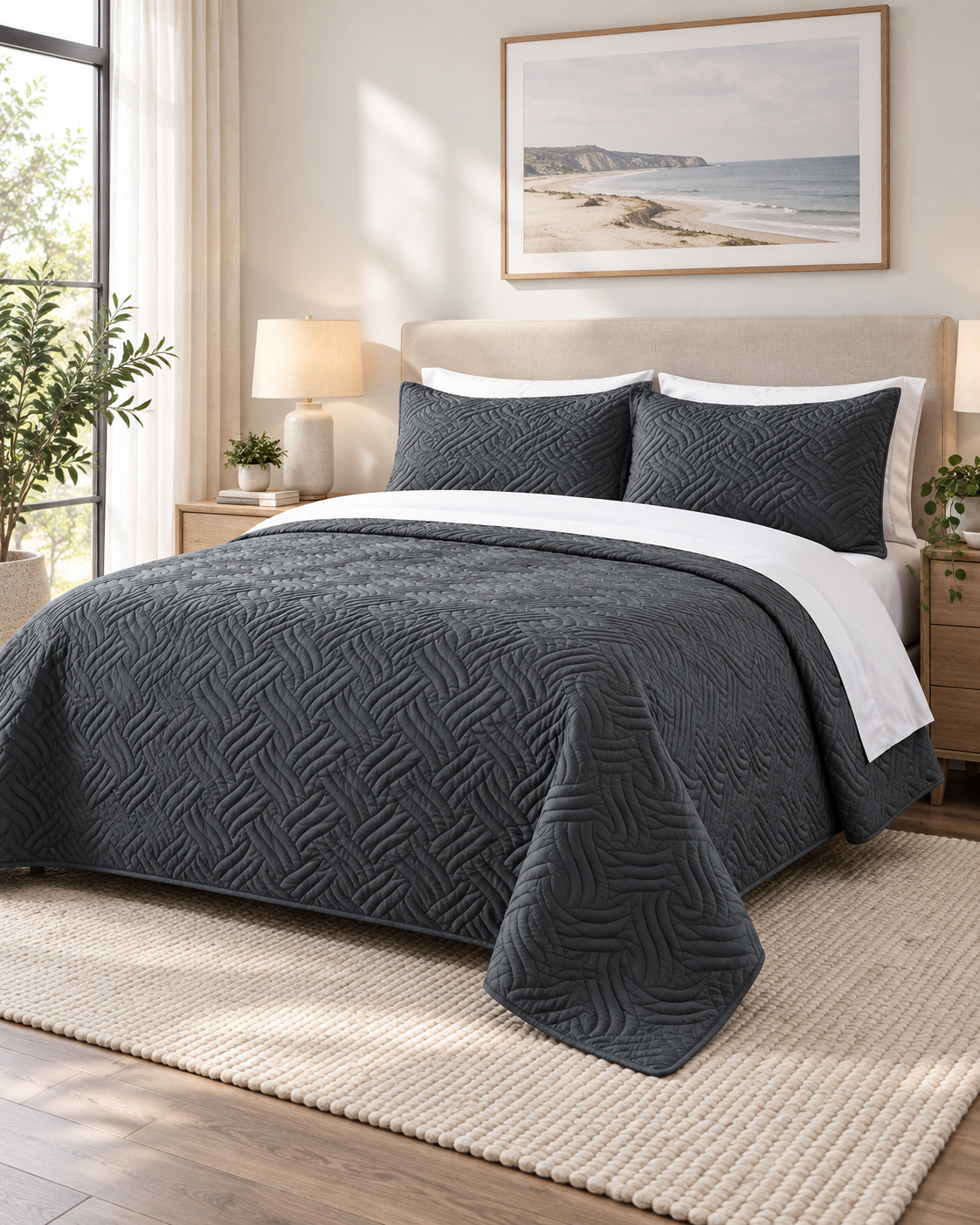 Home Fashion 3 PCS Soft Premium Bed Embossed Coverlet Queen King Charcoal