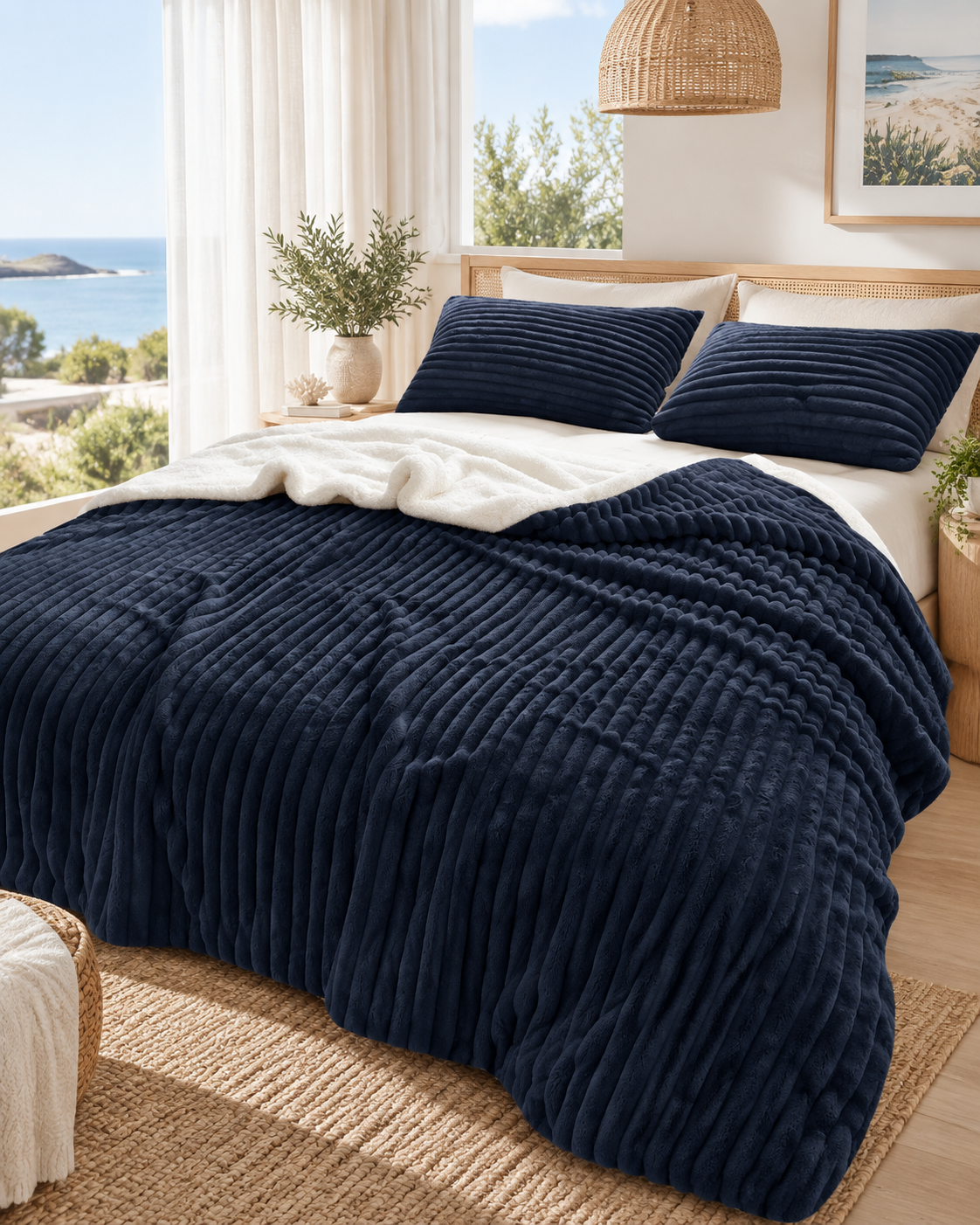 Stripe Flannel Sherpa Blanket/Comforter Set Navy
