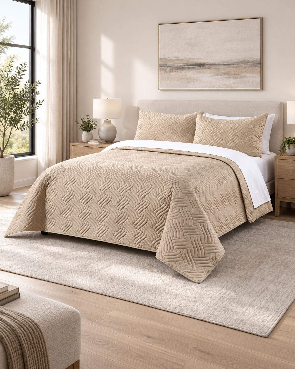 Home Fashion 3 PCS Soft Premium Bed Embossed Coverlet Queen King Natural