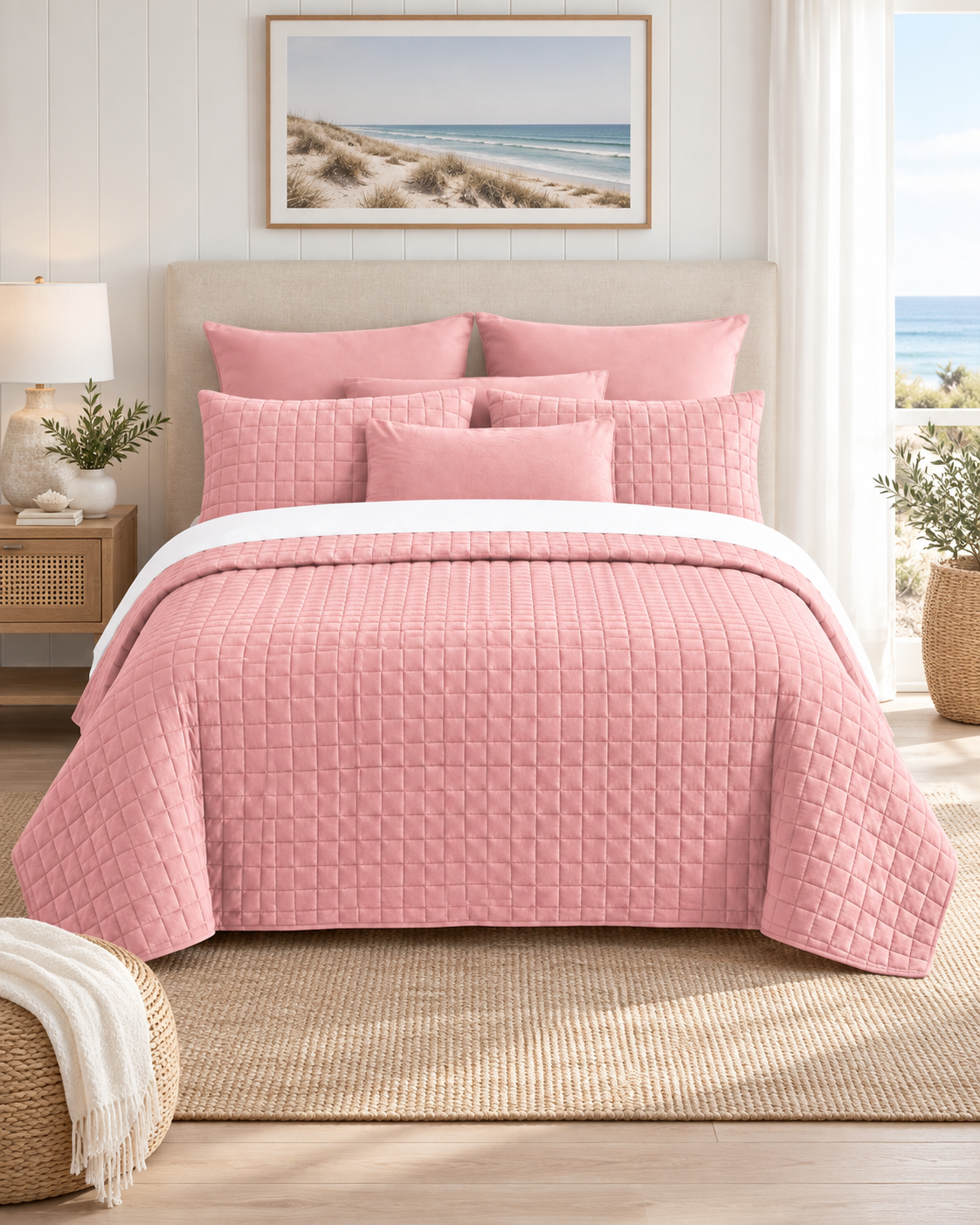 7 Piece Vintage Stone Wash Comforter/Bedspread/Coverlet Set Pink