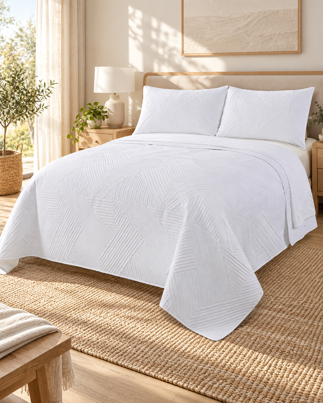Home Fashion Geometry 3 PCS Soft Premium Bed Embossed Coverlet White