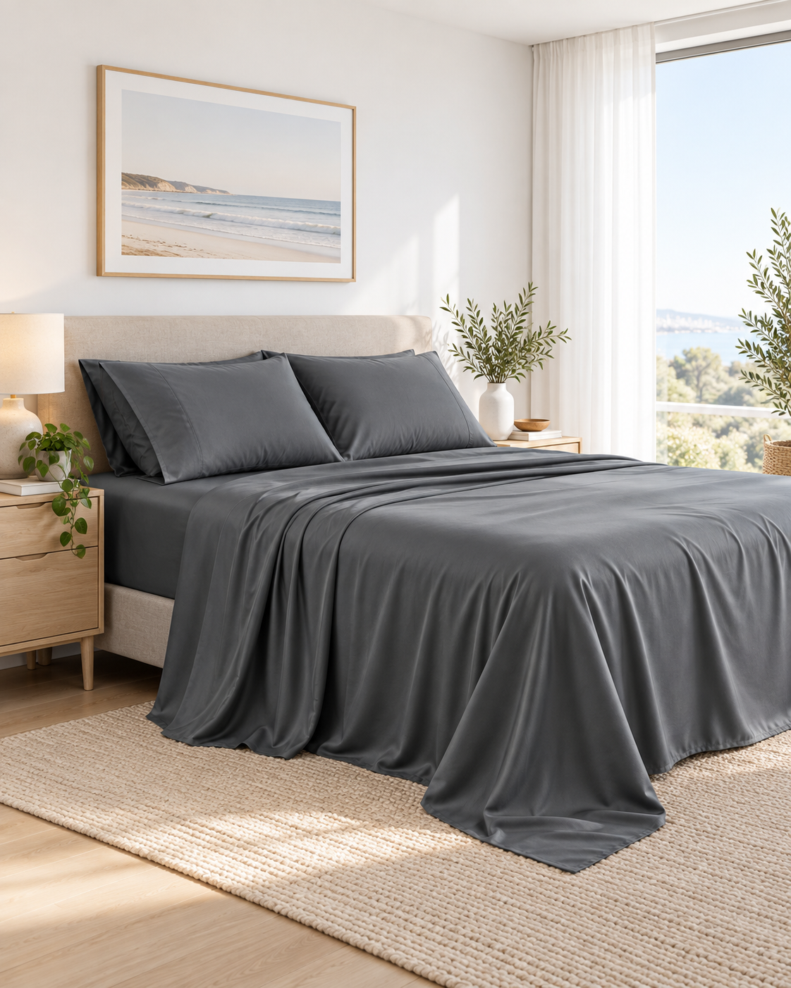 1000TC Luxurious Bamboo Cotton Sheet Sets Fitted Flat Sheet Pillowcases All Size Charcoal