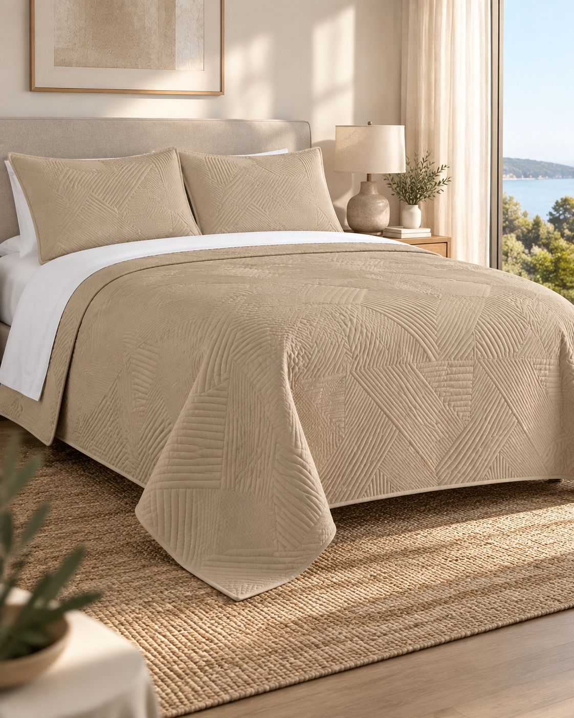 Home Fashion Geometry 3 PCS Soft Premium Bed Embossed Coverlet Natural
