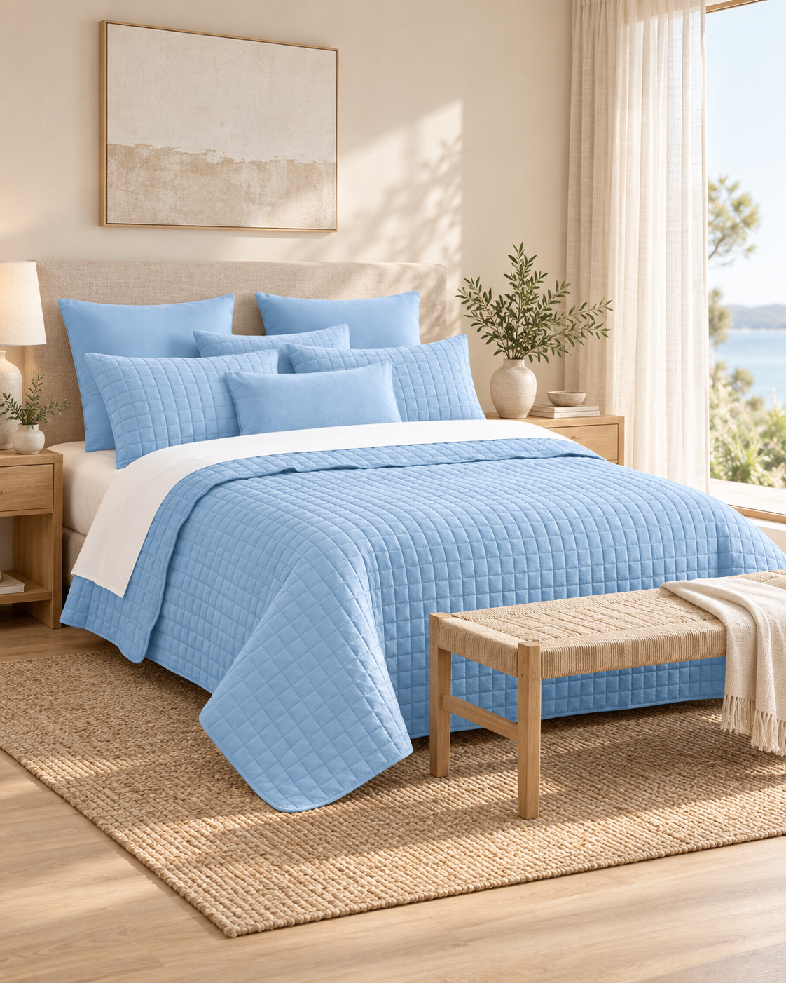 7 Piece Vintage Stone Wash Comforter/Bedspread/Coverlet Set Blue