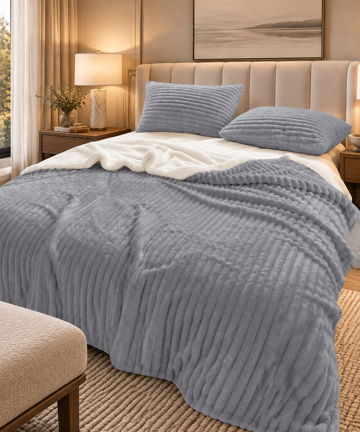 Stripe Flannel Sherpa Blanket/Comforter Set Silver