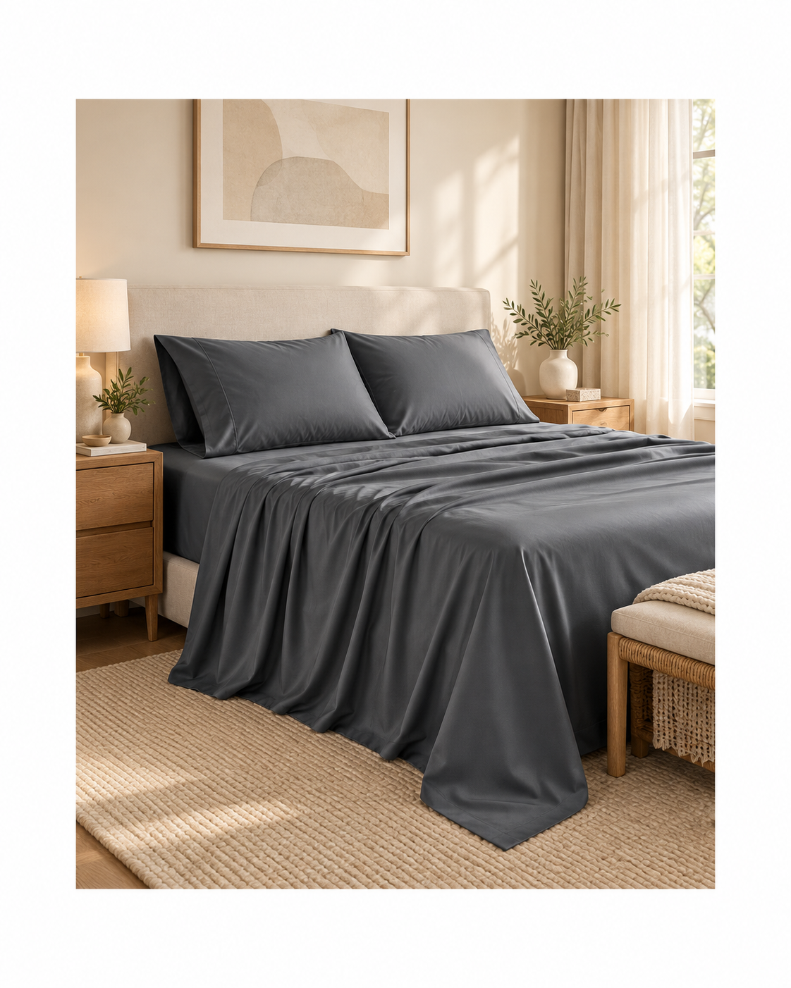 1000TC Luxurious Bamboo Cotton Sheet Sets Fitted Flat Sheet Pillowcases All Size Charcoal