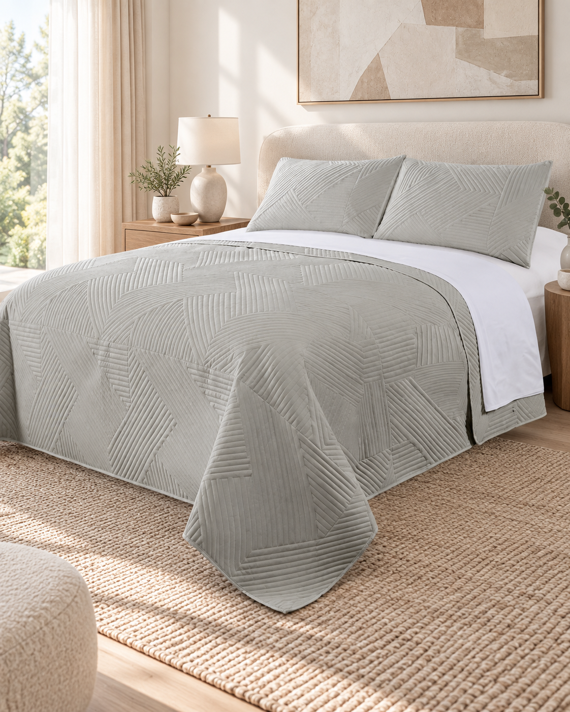 Home Fashion Geometry 3 PCS Soft Premium Bed Embossed Coverlet Silver